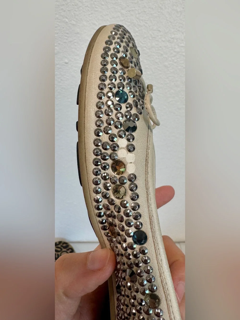 Jimmy Choo Wray Crystal Studded Leather Ballet Flats Bow Cream Gold EU 37 US 7